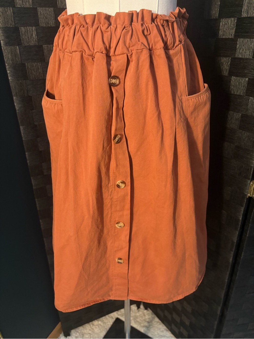 Sadie & Love Boho Terracotta Paperbag Waist Button Midi Skirt Boho missing belt